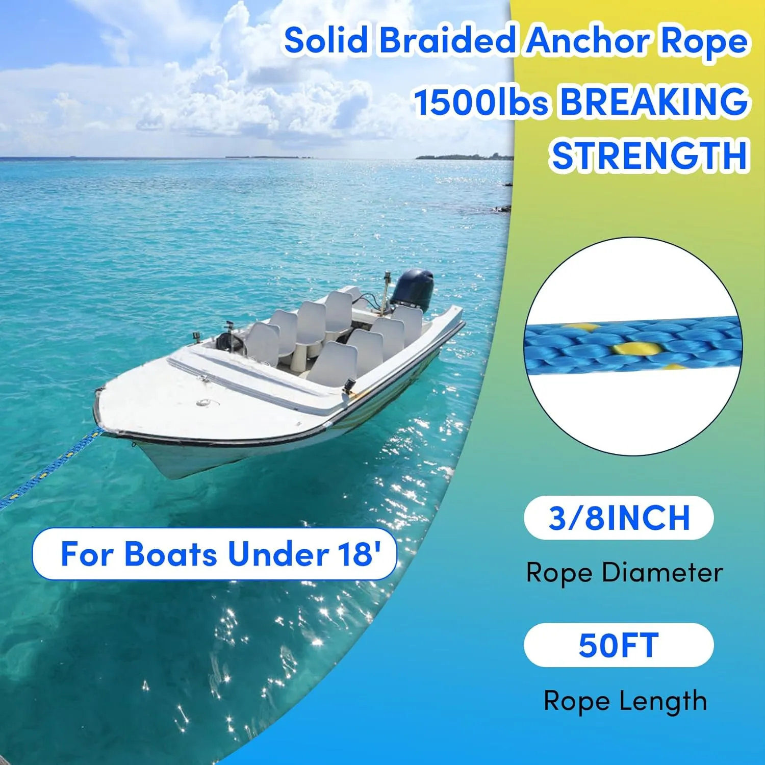 Anchor Rope 50FT x 3/8in,Premium Solid MFP Braided Anchor Rope Anchor Line,Boat Anchor Rope with Stainless Steel Thimble & Snap Hook,Boat Rore Marine Rope for Anchors and Boats (Blue/Yellow)