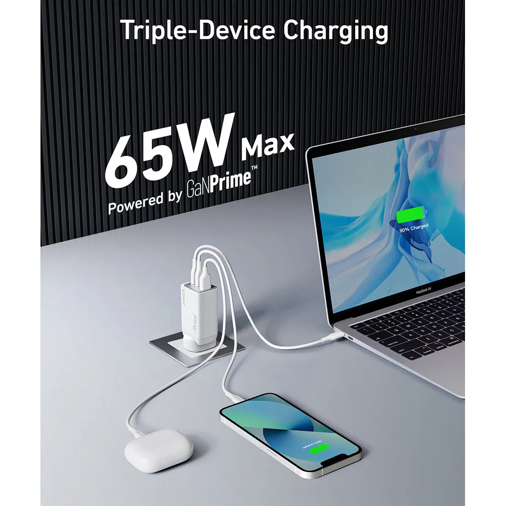Anker 65W GaNPrime Triple-Port Fast Charger - White, AU Plug