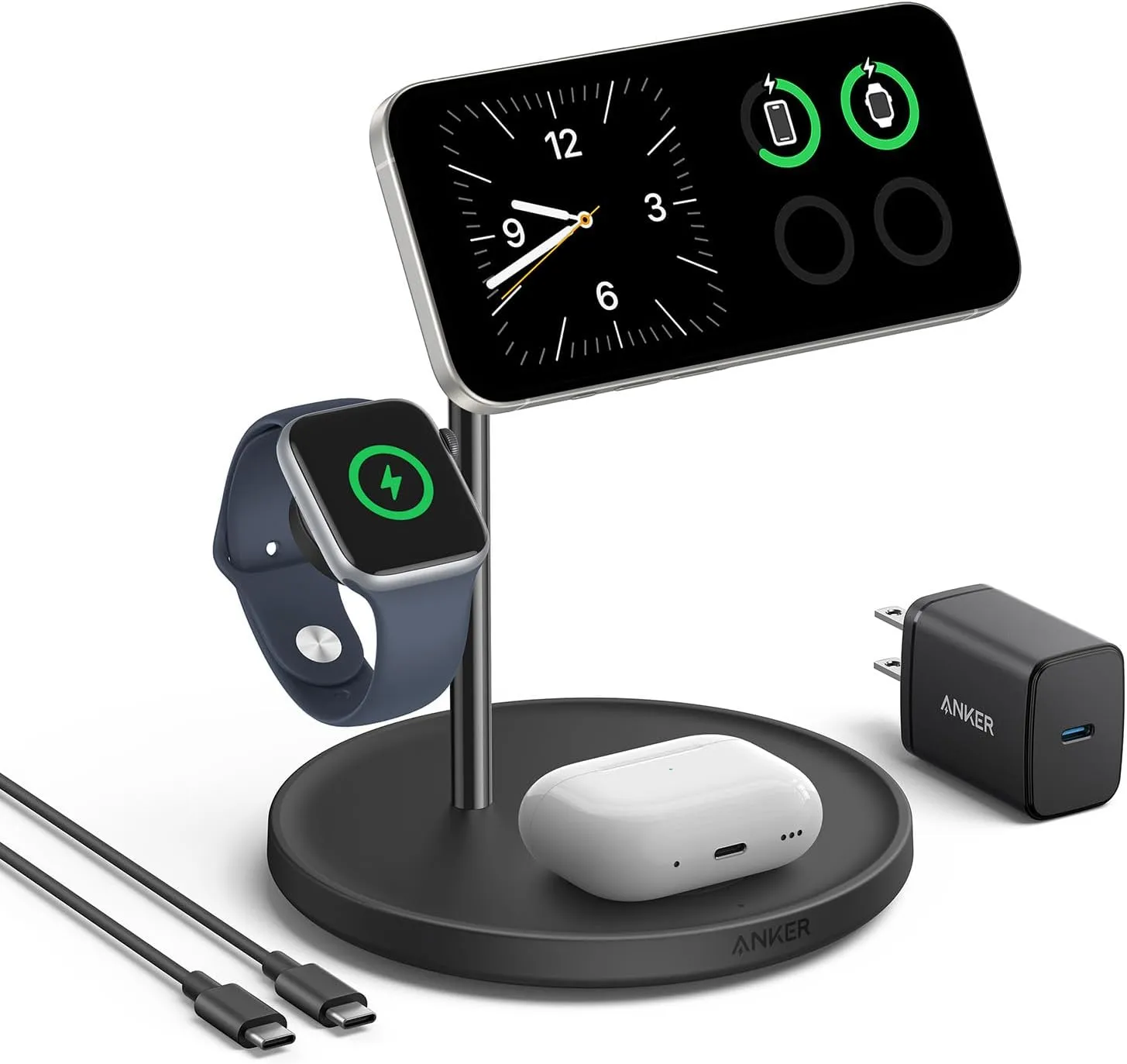 Anker MagSafe-Compatible iPhone 16 Wireless Charging Stand, MagGo 3 in 1 Wireless Charging Station, Qi2 Certified 15W Wireless Charger, Desk Accessory, for iPhone 16/15/14/13/12, Apple Watch, AirPods