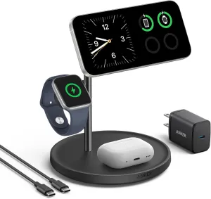 Anker MagSafe-Compatible iPhone 16 Wireless Charging Stand, MagGo 3 in 1 Wireless Charging Station, Qi2 Certified 15W Wireless Charger, Desk Accessory, for iPhone 16/15/14/13/12, Apple Watch, AirPods