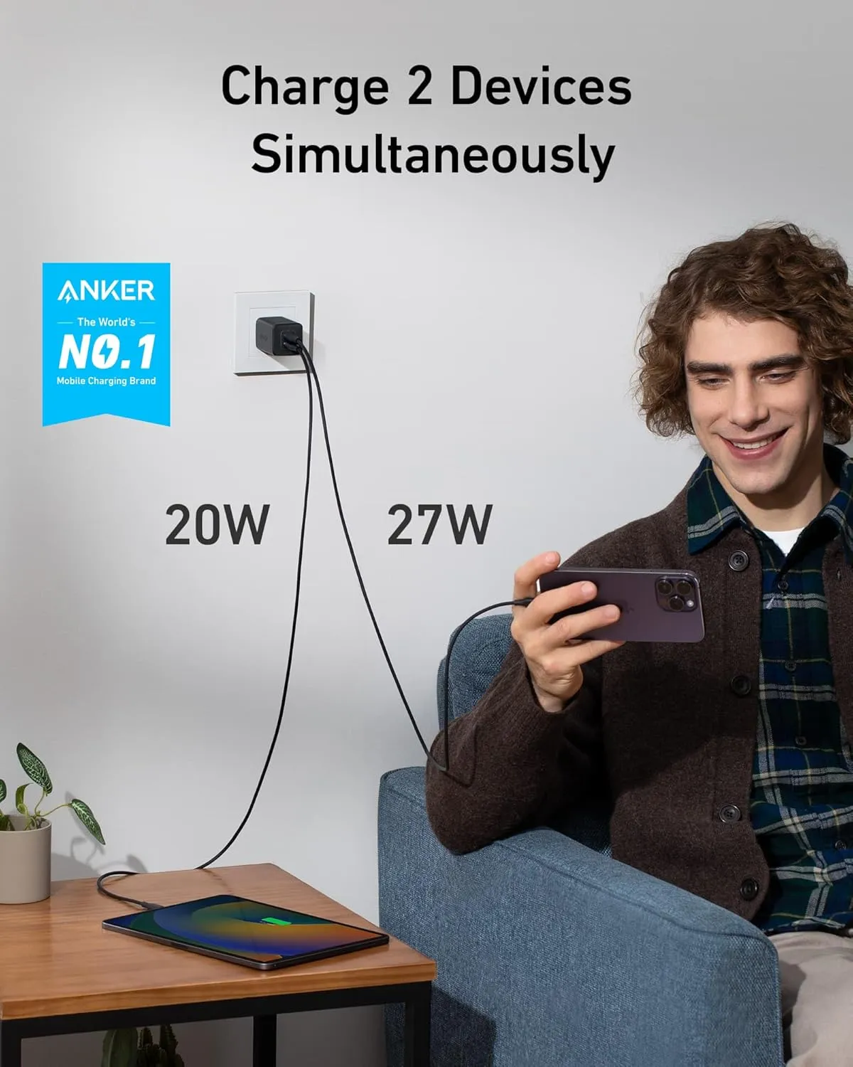 Anker Nano Charger, 47W 2 Port Compact Foldable GaN USB C Charger for iPhone 16/15, Galaxy, Pixel, Compatible with MagSafe (Black)