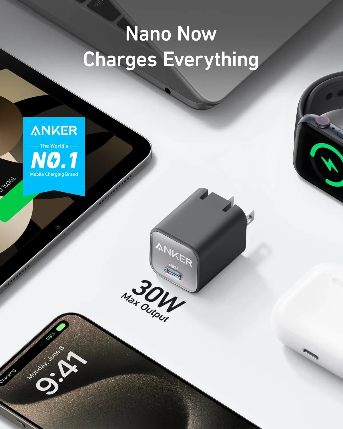 Anker Nano USB C Charger Block, 30W PIQ 3.0 Foldable iPhone Charger Fast Charging for iPhone 16/15 Series, Galaxy, iPad, Compatible with MagSafe