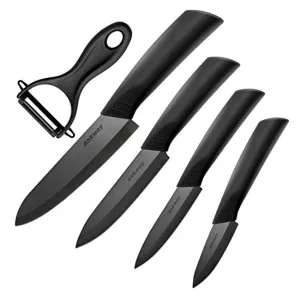 Ankway Ceramic Knife Set Black [Upgraded Version], Kitchen Utility Knife Set with Protective Cover for Cooking Bread Meat Vegetable Fruit-Rustproof and Stain Resistant, Packed in Superior Box, 5-Piece