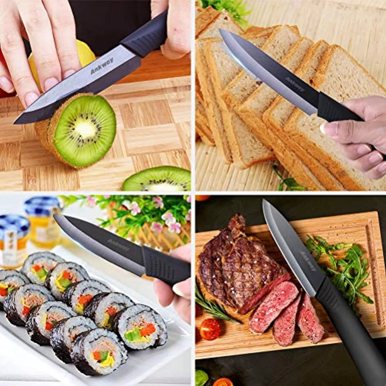 Ankway Ceramic Knife Set Black [Upgraded Version], Kitchen Utility Knife Set with Protective Cover for Cooking Bread Meat Vegetable Fruit-Rustproof and Stain Resistant, Packed in Superior Box, 5-Piece
