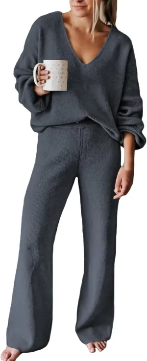 AOHITE Womens 2 Piece Outfits Casual V-neck Knit Pullover Sweater Wide Leg Pants Sleepwear Loungewear Set