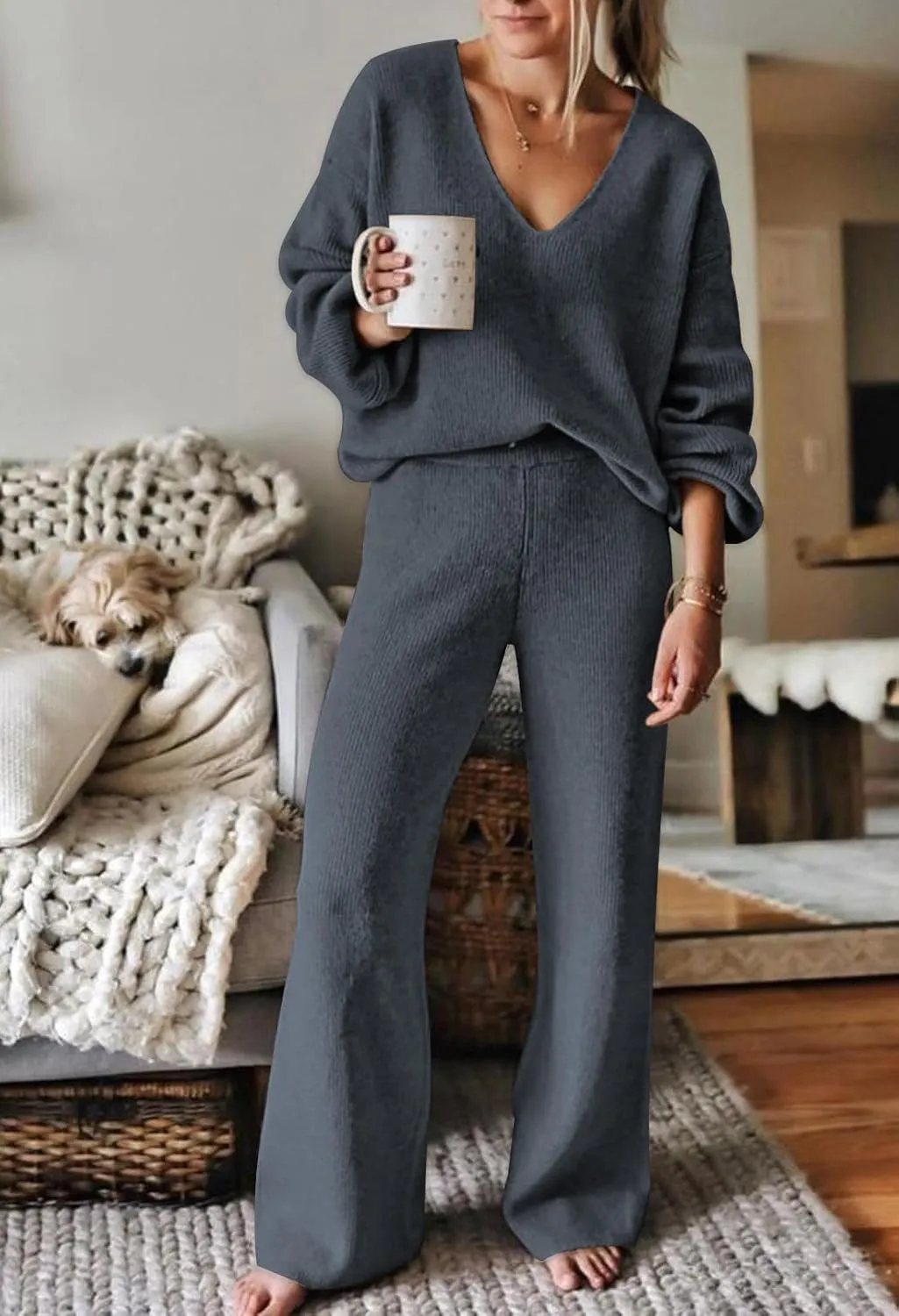 AOHITE Womens 2 Piece Outfits Casual V-neck Knit Pullover Sweater Wide Leg Pants Sleepwear Loungewear Set
