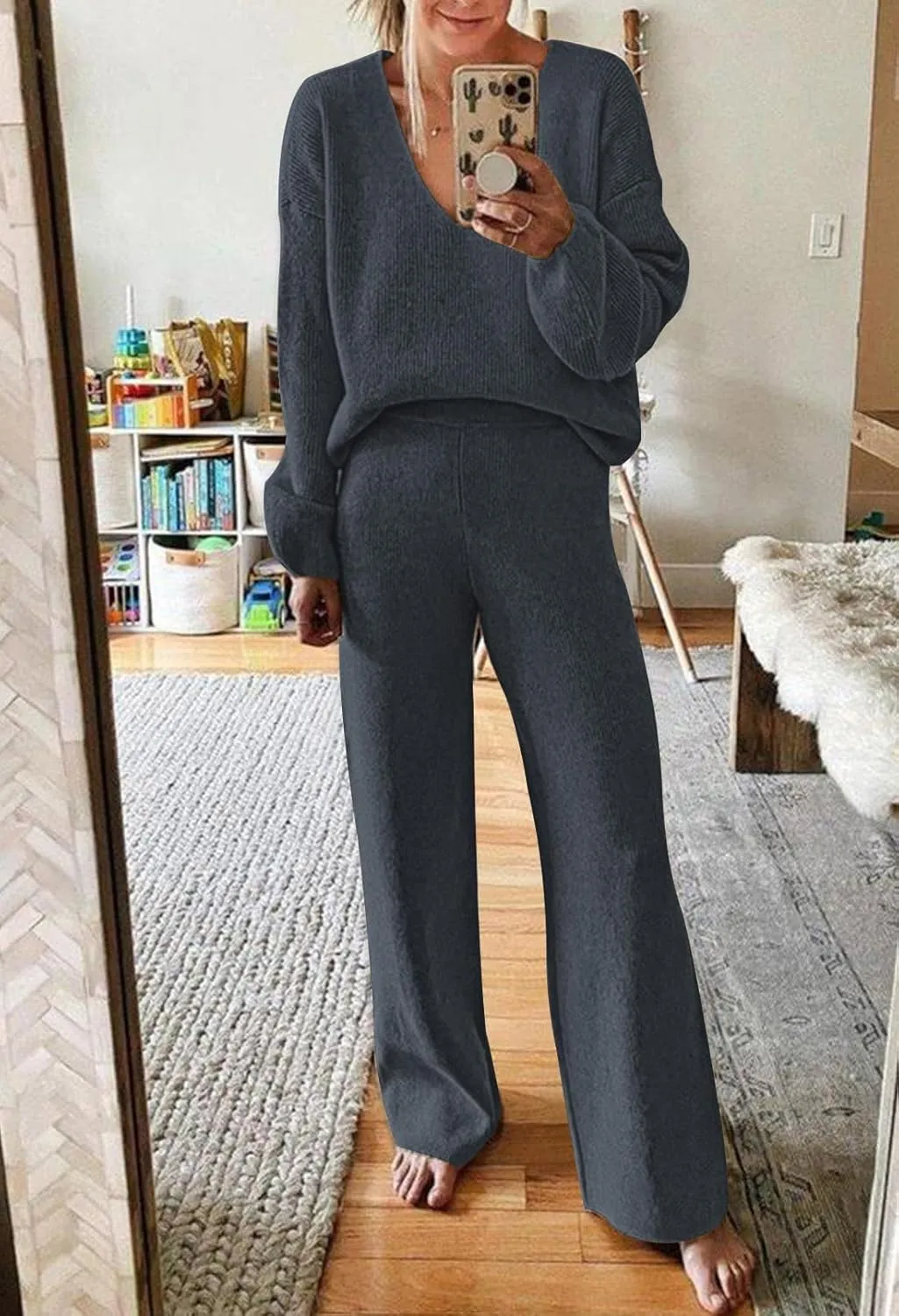 AOHITE Womens 2 Piece Outfits Casual V-neck Knit Pullover Sweater Wide Leg Pants Sleepwear Loungewear Set