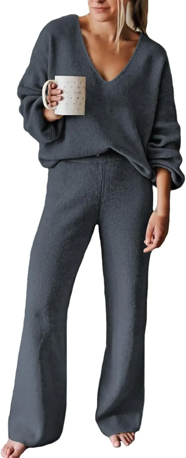AOHITE Womens 2 Piece Outfits Casual V-neck Knit Pullover Sweater Wide Leg Pants Sleepwear Loungewear Set