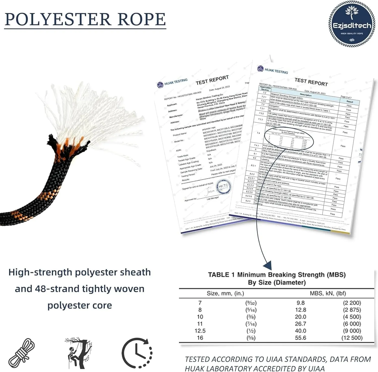 Arborist Rigging Rope Bull Rope Black (1/2 in x 150ft) Polyester Braided Arborist Rope 48 Strands for Tree Work Camping or Swinging…