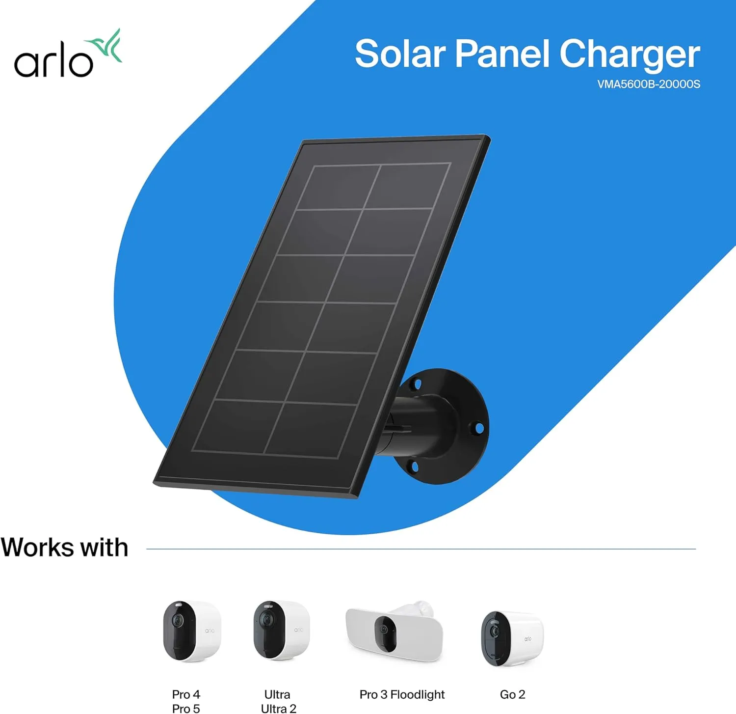 Arlo Solar Panel Charger (2021 Released) - Certified Accessory - Works with Arlo Pro 5S 2K, Pro 4, Pro 3, Floodlight, Ultra 2, and Ultra Cameras, Weather Resistant, Easy Install, Black - VMA5600B