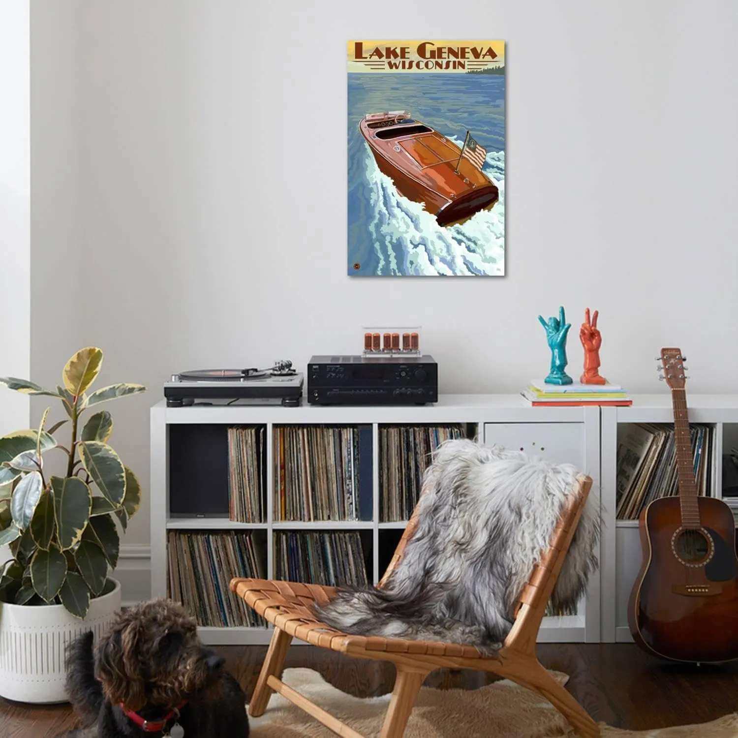 ART.COM Wall Art Print Lake Geneva, Wisconsin - Chris Craft Wooden Boat by Lantern Press, 24" x 36"