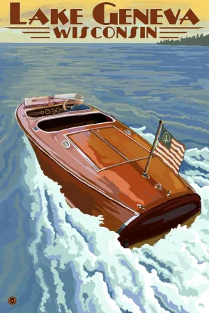 ART.COM Wall Art Print Lake Geneva, Wisconsin - Chris Craft Wooden Boat by Lantern Press, 24" x 36"