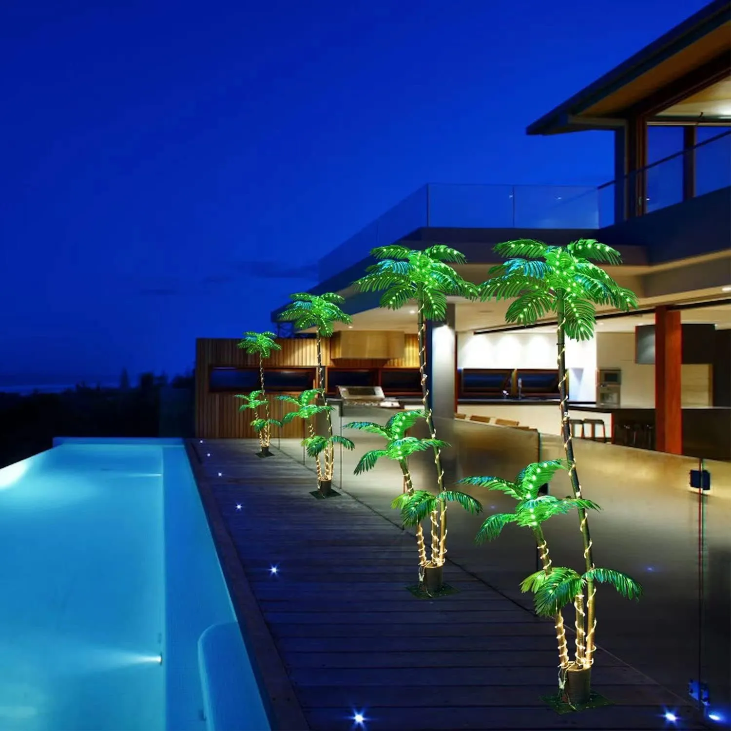 Artificial Palm Tree Christmas Tree 7Ft 3Trunks 260LED Lighted Simulation Tropical Palm Tree Fake Plant Light for Patio Home Office Beach Yard Cruise Hawaiian Party Tiki Bar Decorations - Electric