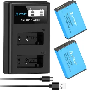 Artman LP-E17 Battery 2-Pack and Upgraded LCD Dual USB-C Charger for Canon EOS R8 R10 RP R50 R100, Rebel T8i T7i T6i T6s, SL2, SL3, M3 M5 M6, M6 II, 77D 200D 250D 750D 760D 800D 8000D KISS X8i Cameras