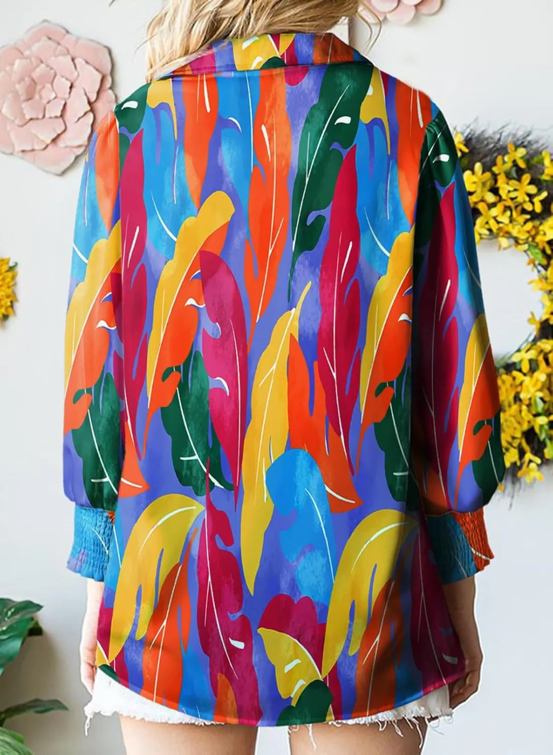 Astylish Women Loose V-Neck Shirts Paisley Print Lantern Sleeve Blouse Tops