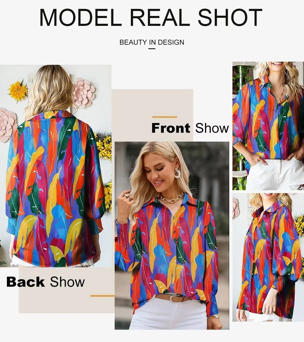 Astylish Women Loose V-Neck Shirts Paisley Print Lantern Sleeve Blouse Tops