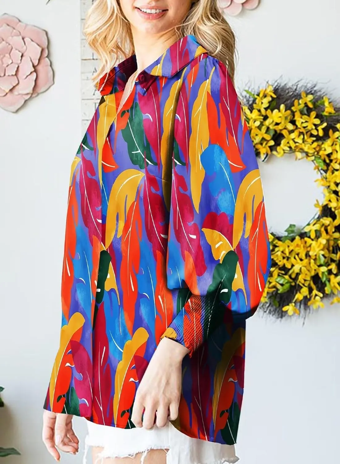 Astylish Women Loose V-Neck Shirts Paisley Print Lantern Sleeve Blouse Tops