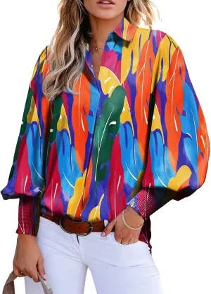 Astylish Women Loose V-Neck Shirts Paisley Print Lantern Sleeve Blouse Tops
