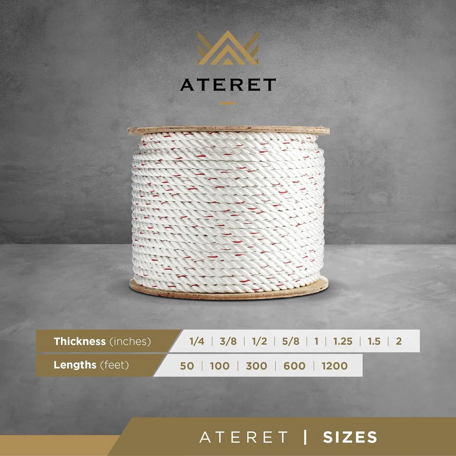 ATERET 1/4 inch by 600 feet Twisted Poly Dacron Rope I 3-Strand w/Polyolefin Core Rope I High Strength Polyester I Multipurpose Bull Rope for Marine, Commercial, Arborist & DIY Projects (1/4" x 600')