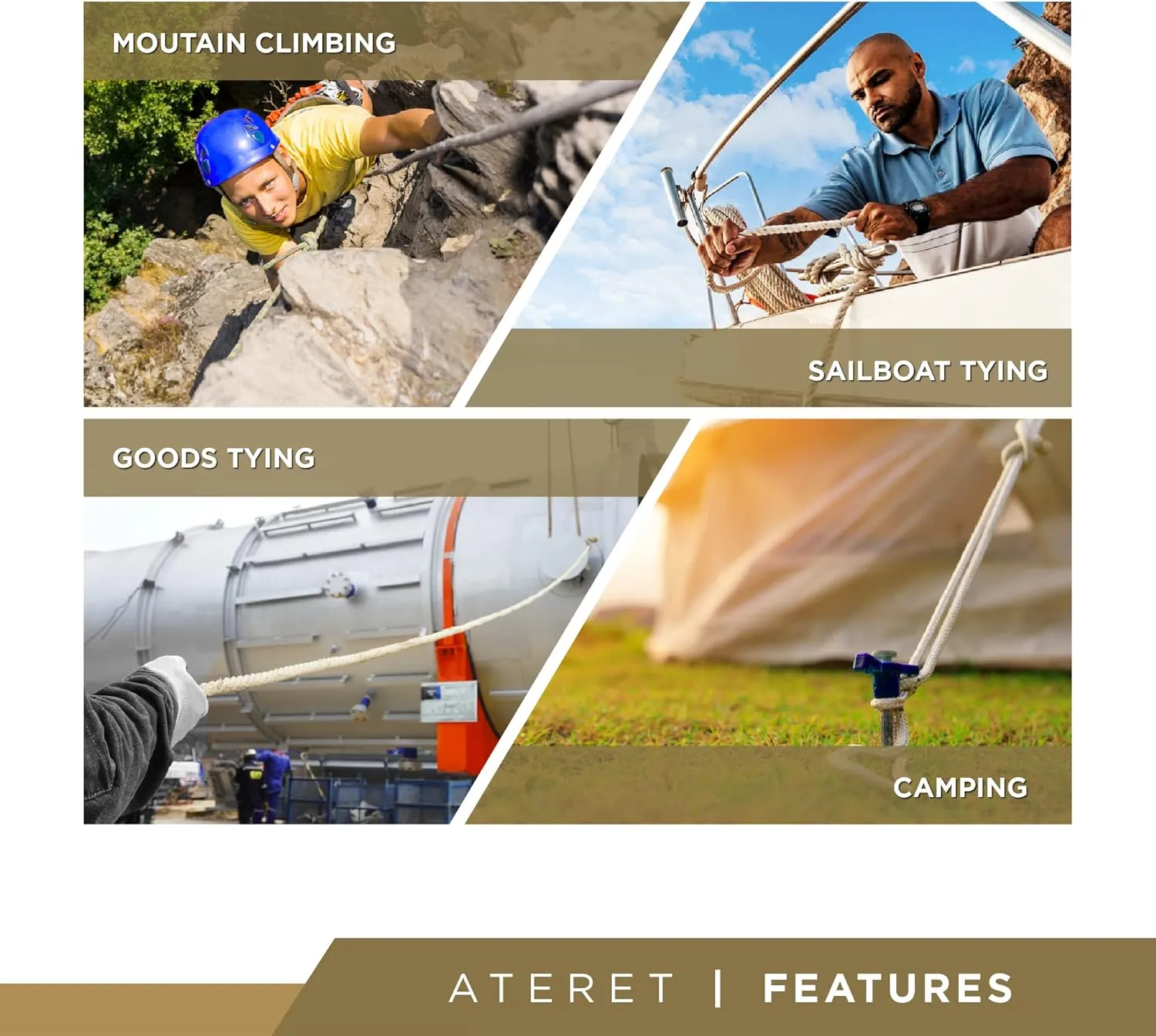 ATERET 1/4 inch by 600 feet Twisted Poly Dacron Rope I 3-Strand w/Polyolefin Core Rope I High Strength Polyester I Multipurpose Bull Rope for Marine, Commercial, Arborist & DIY Projects (1/4" x 600')