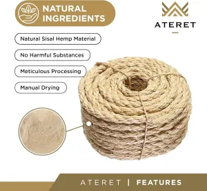 ATERET 3/8 Inch by 100-Feet Sisal Rope I Natural Fiber Twisted Sisal Rope I Multipurpose, Lightweight, Weather-Resistant Rope for Indoor/Outdoor Use, Rugs, Marine, and DIY Projects (1-Pack)