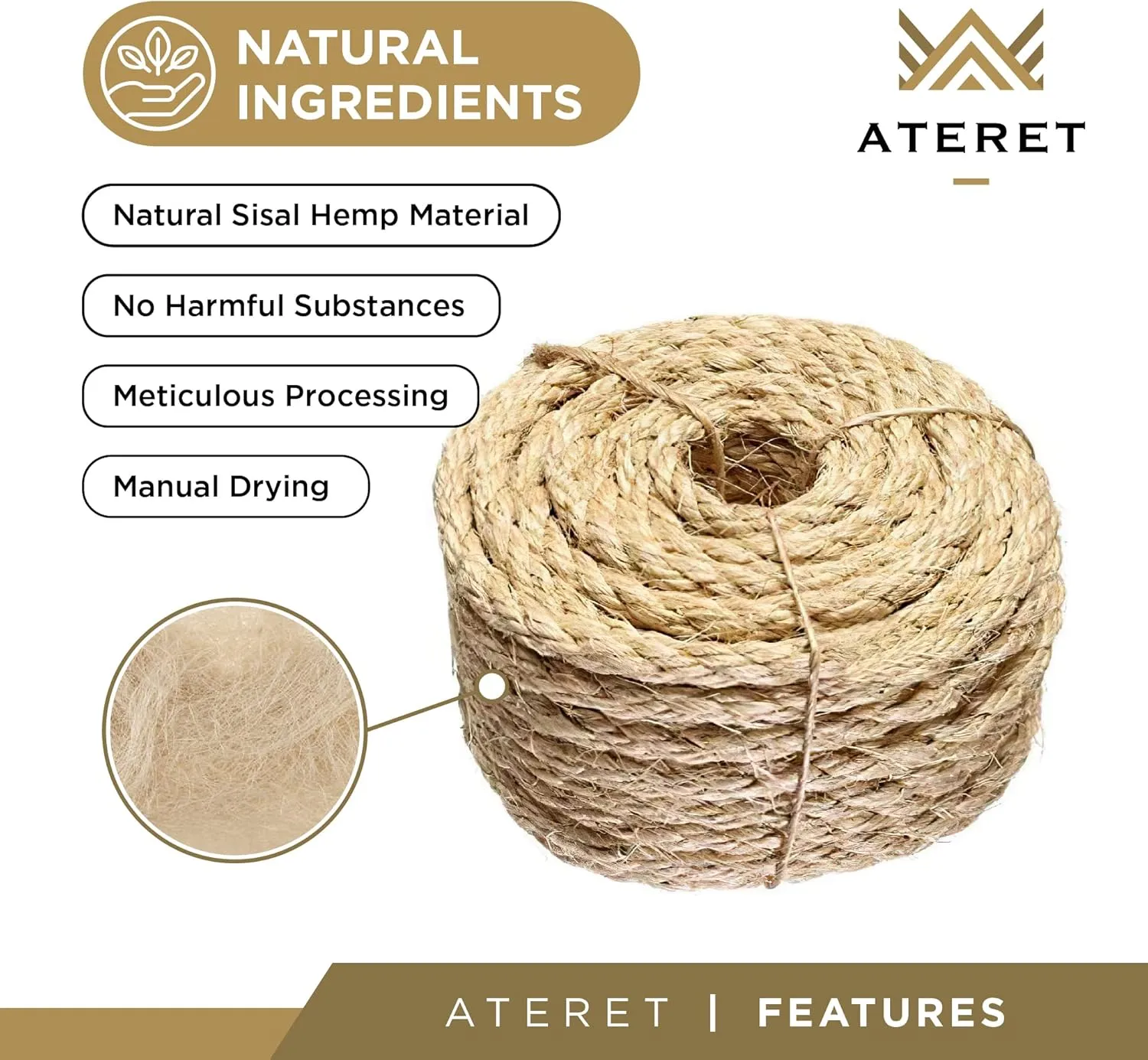ATERET 3/8 Inch by 100-Feet Sisal Rope I Natural Fiber Twisted Sisal Rope I Multipurpose, Lightweight, Weather-Resistant Rope for Indoor/Outdoor Use, Rugs, Marine, and DIY Projects (1-Pack)