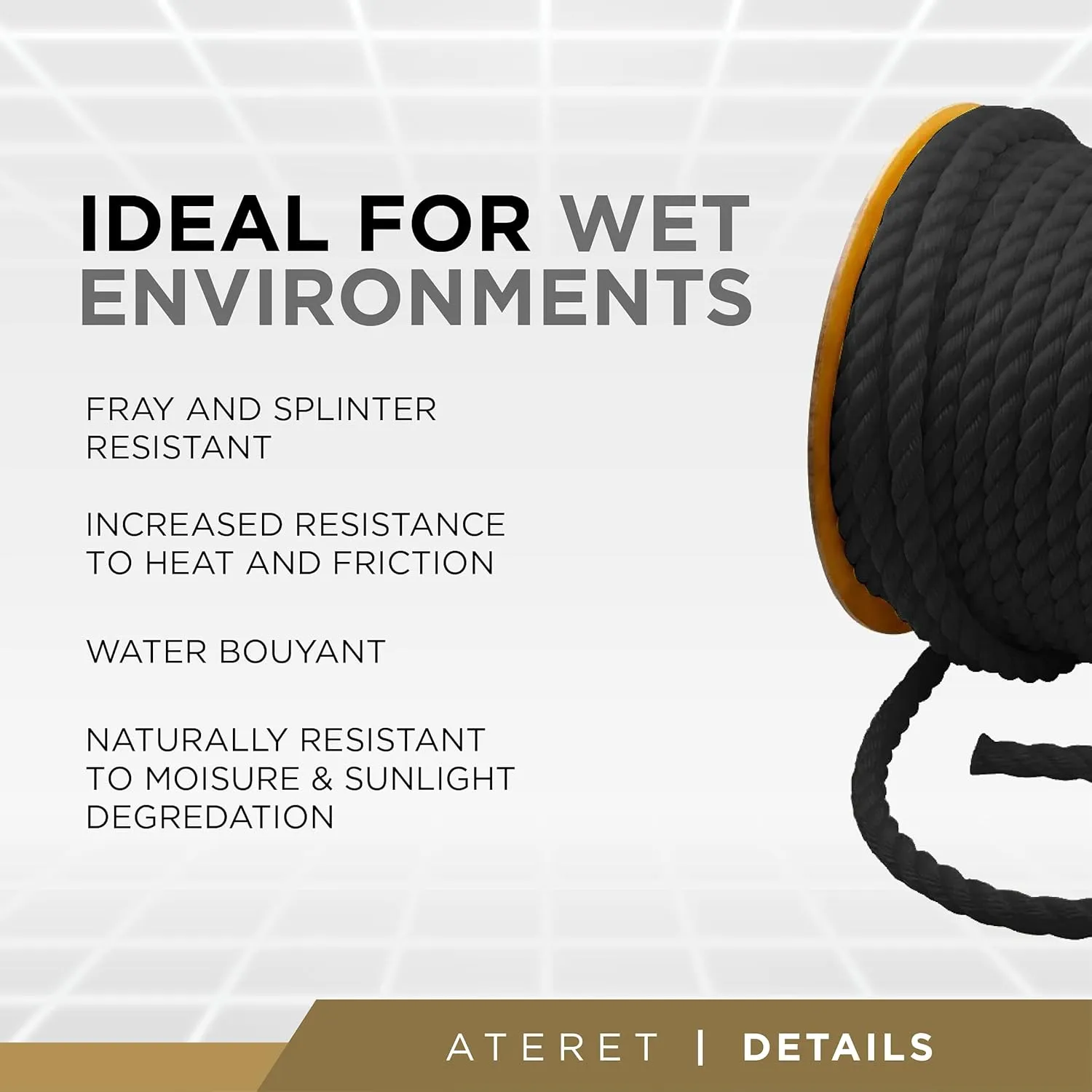ATERET Twisted 3-Strand Black Polypropylene Rope Monofilament I 1" x 100 Feet I 12,825 lbs. Tensile Strength I Lightweight & Heavy-Duty Synthetic Cord for DIY Projects, Marine, Commercial Use