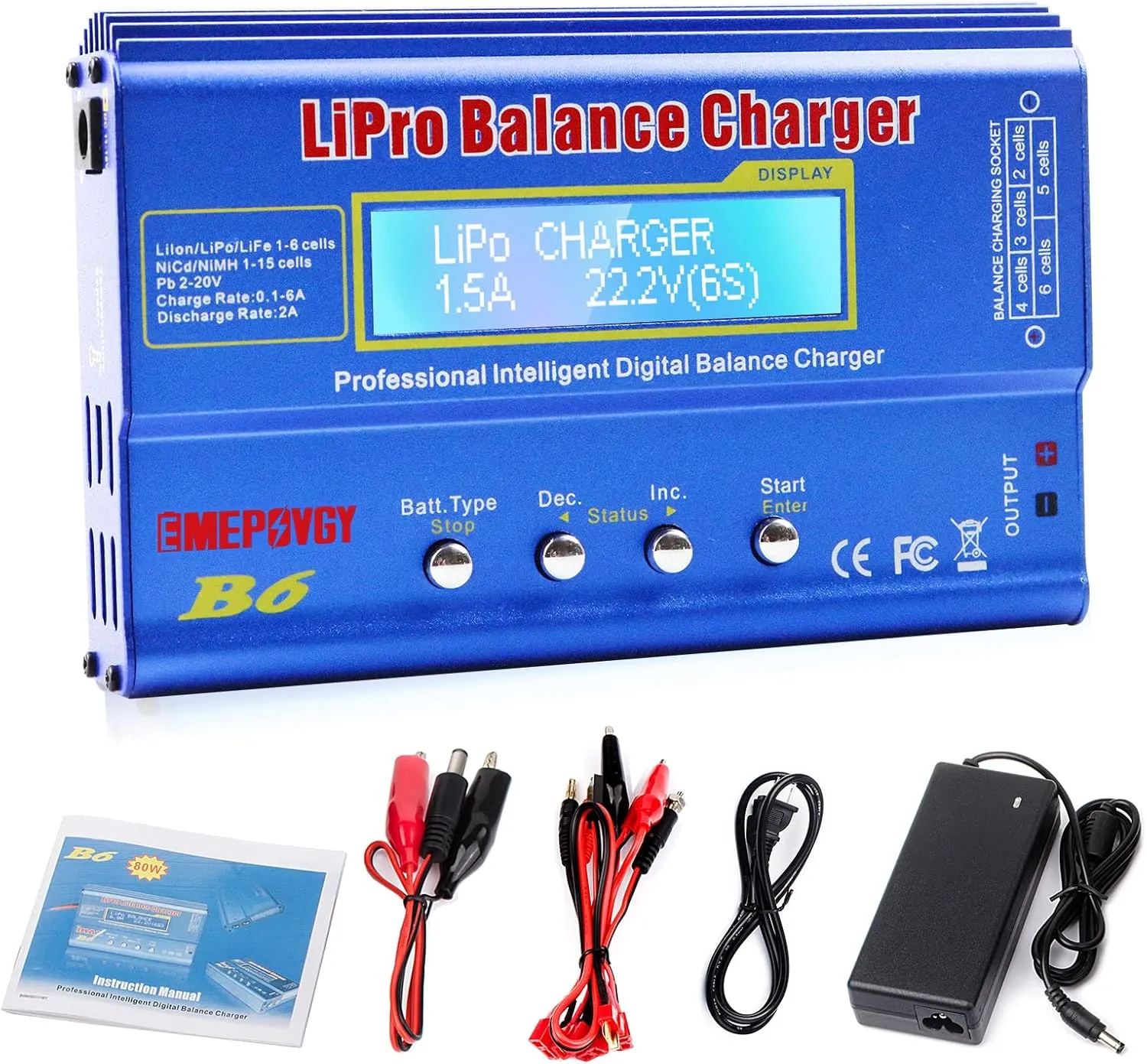 B6 Lipo Battery Balance Charger 80W 6A Discharger for NiMH/NiCd (1-15S) LiPo/Li-ion/Life Battery (1-6S) RC Hobby Batteries Balance Charger with AC Power Supply