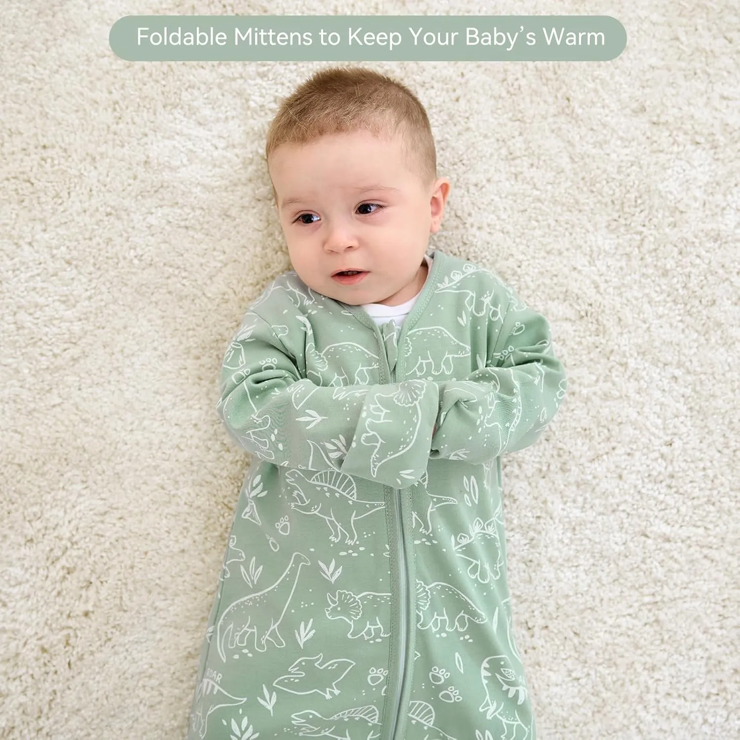 Baby Sleep Sack 18-24 Months, Long Sleeve Baby Wearable Blanket 0.5 Tog with Mittens, 2-Way Zipper Toddler Cotton Sleeping Sack for Boy and Girl Green Dinosaur 2 Pack(XLarge)