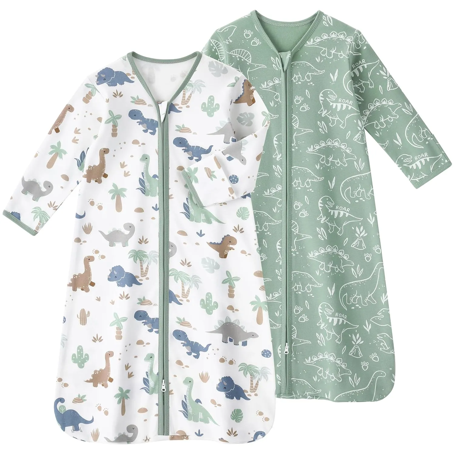 Baby Sleep Sack 18-24 Months, Long Sleeve Baby Wearable Blanket 0.5 Tog with Mittens, 2-Way Zipper Toddler Cotton Sleeping Sack for Boy and Girl Green Dinosaur 2 Pack(XLarge)