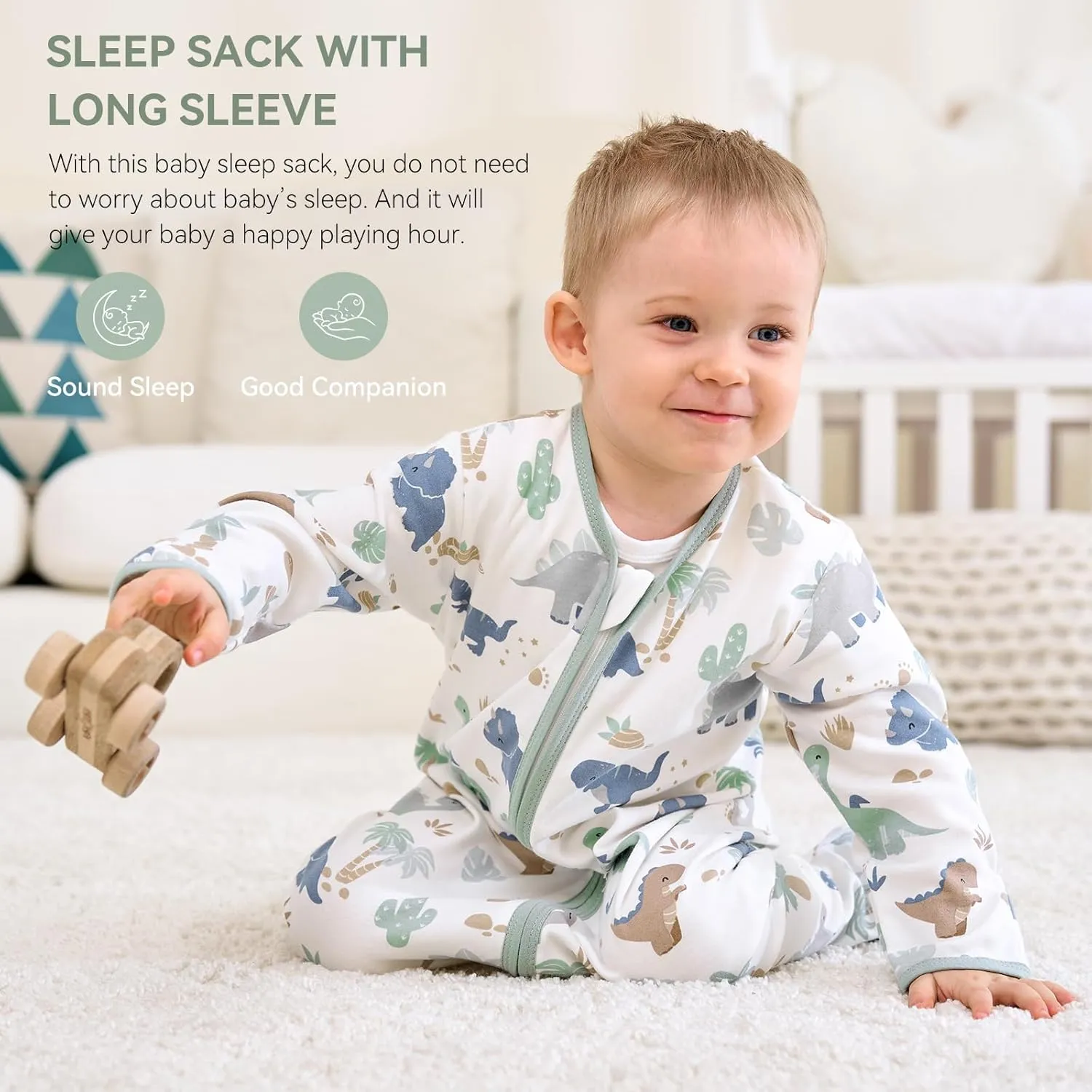 Baby Sleep Sack 18-24 Months, Long Sleeve Baby Wearable Blanket 0.5 Tog with Mittens, 2-Way Zipper Toddler Cotton Sleeping Sack for Boy and Girl Green Dinosaur 2 Pack(XLarge)