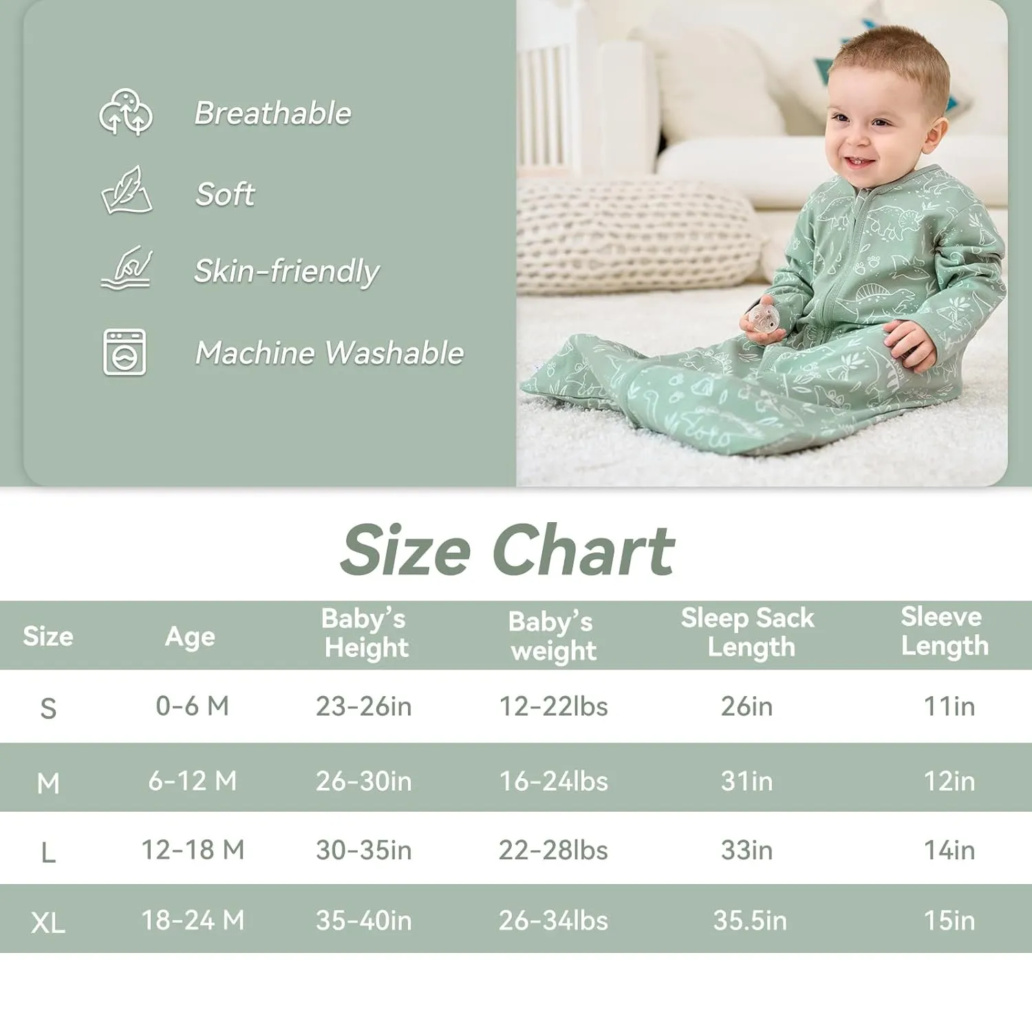 Baby Sleep Sack 18-24 Months, Long Sleeve Baby Wearable Blanket 0.5 Tog with Mittens, 2-Way Zipper Toddler Cotton Sleeping Sack for Boy and Girl Green Dinosaur 2 Pack(XLarge)