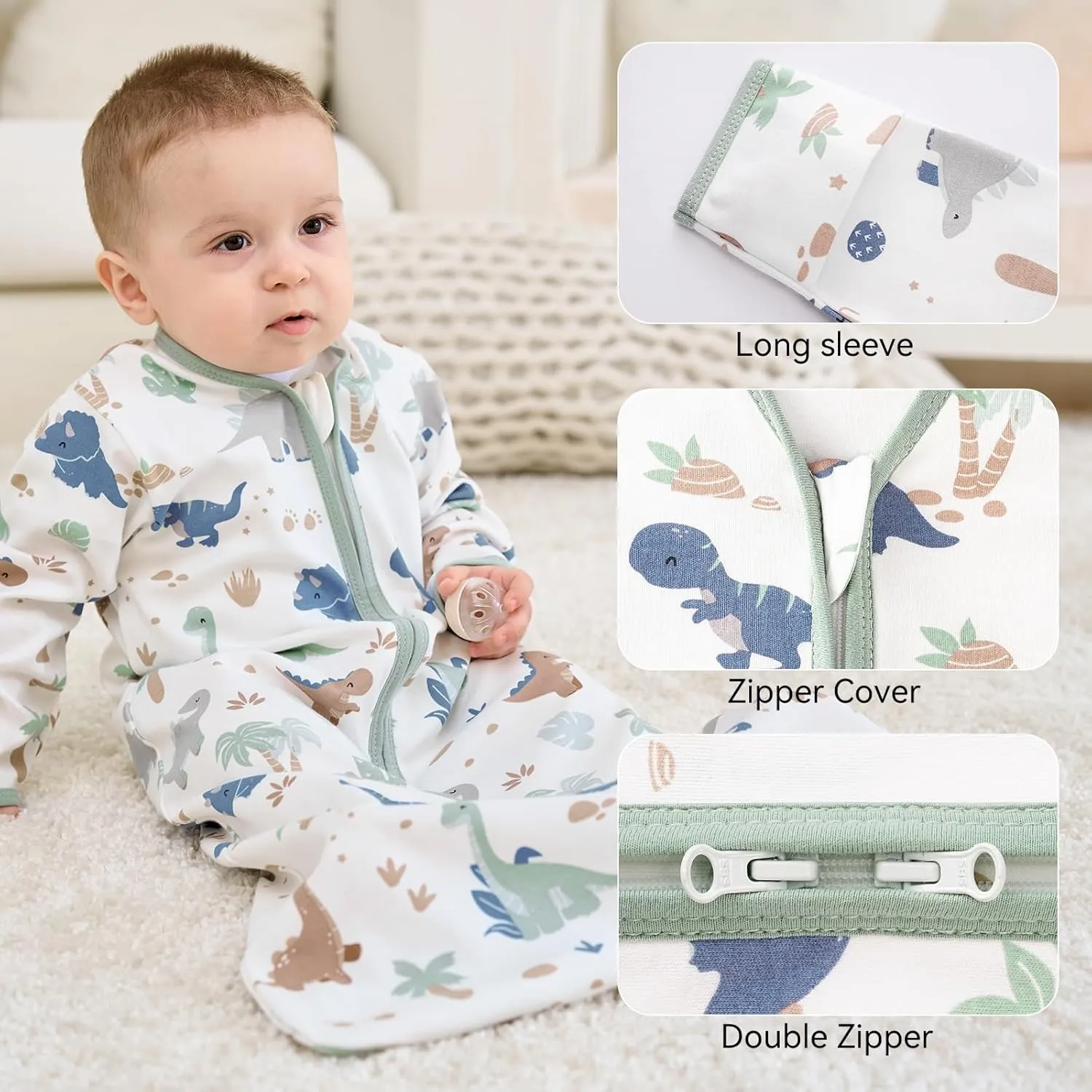 Baby Sleep Sack 18-24 Months, Long Sleeve Baby Wearable Blanket 0.5 Tog with Mittens, 2-Way Zipper Toddler Cotton Sleeping Sack for Boy and Girl Green Dinosaur 2 Pack(XLarge)
