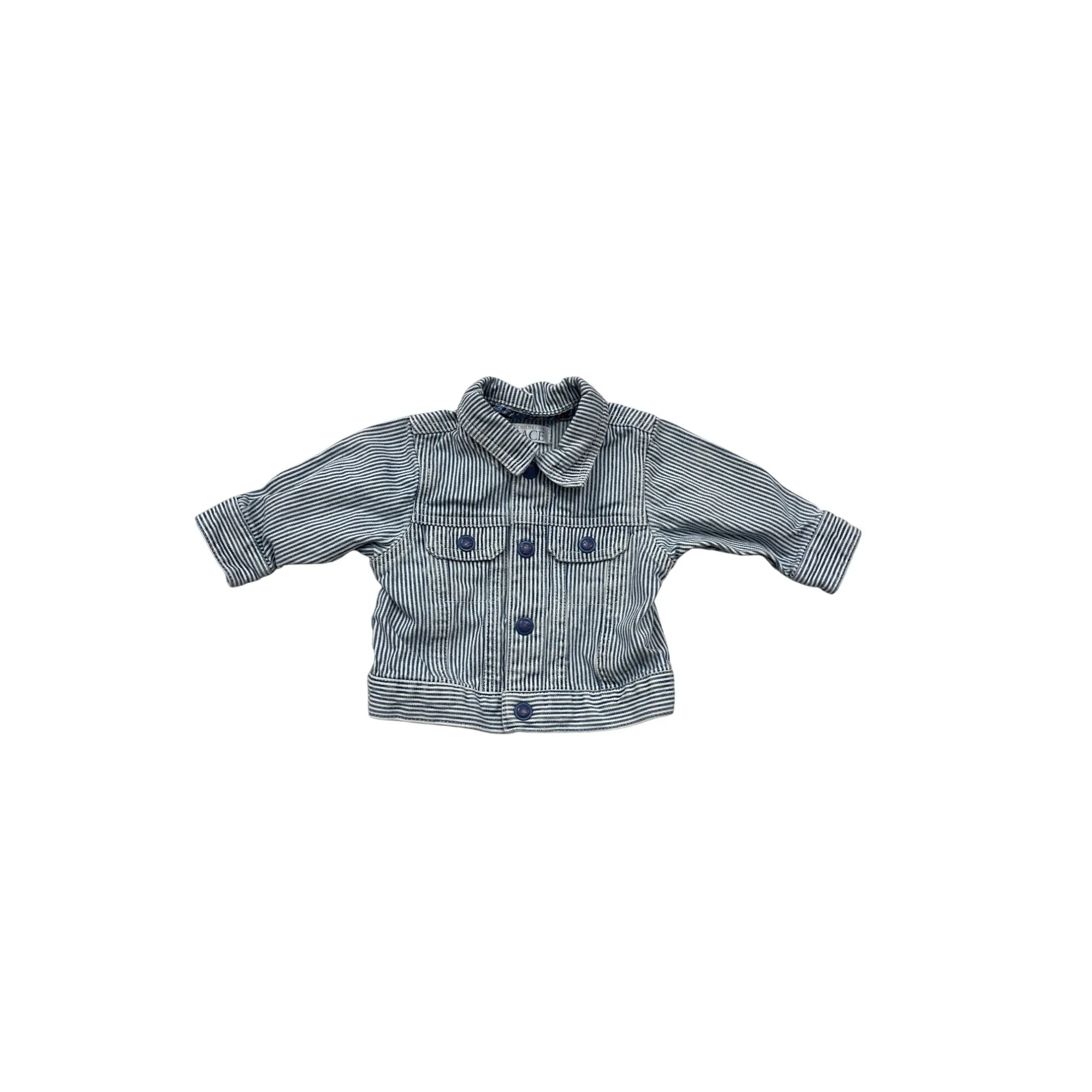 Baby Striped Denim Jacket 0-3M By The Childrens Place With Button-Up Front & Foldable Cuffs #6874