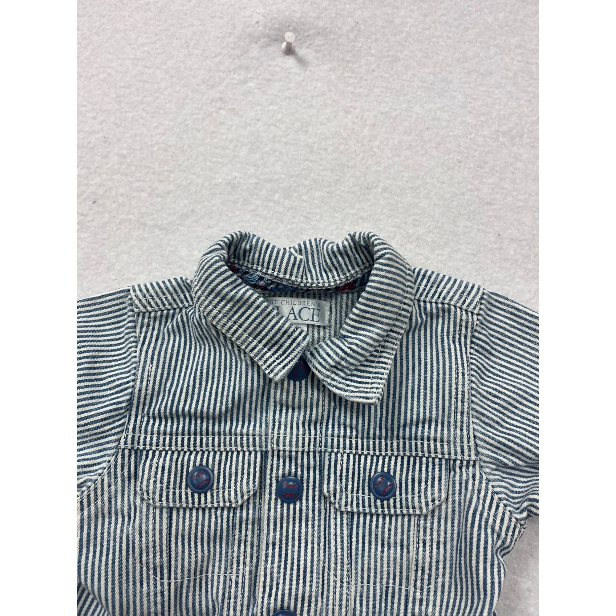 Baby Striped Denim Jacket 0-3M By The Childrens Place With Button-Up Front & Foldable Cuffs #6874