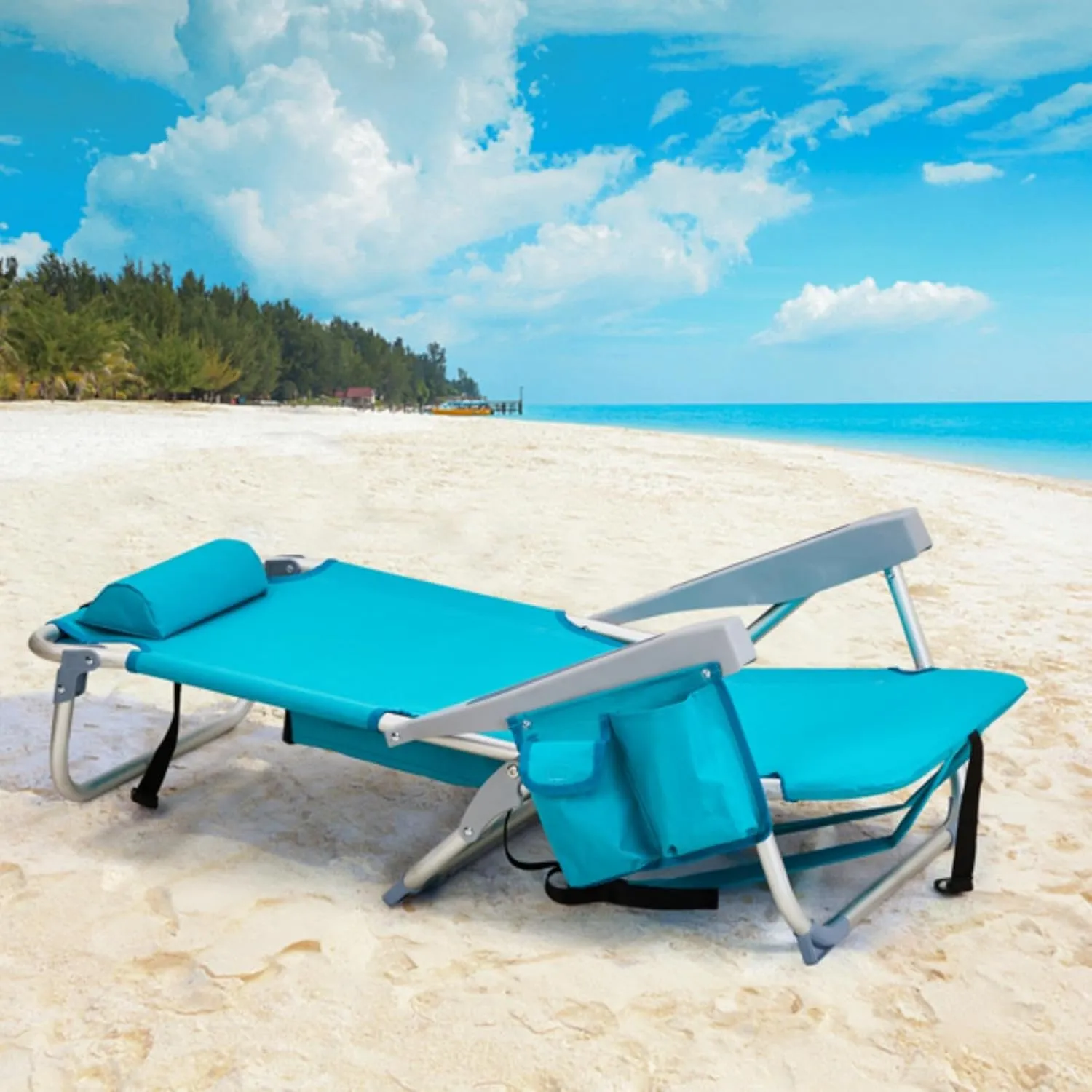 Backpack Beach Chair for Adults, 5-Position Portable Outdoor Reclining Camping Chair, Lightweight Folding Chairs with Headrest, Cup Holders, Cooler Bag, Towel Bar, Shoulder Strap (Mint Green)