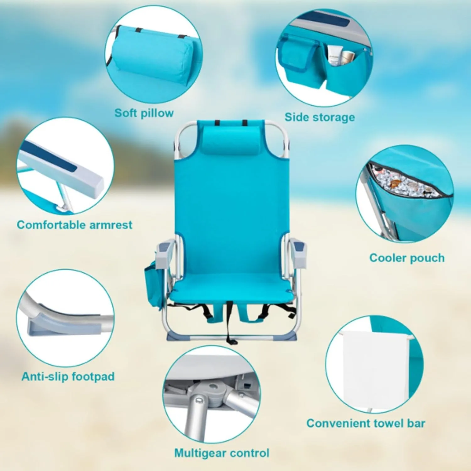 Backpack Beach Chair for Adults, 5-Position Portable Outdoor Reclining Camping Chair, Lightweight Folding Chairs with Headrest, Cup Holders, Cooler Bag, Towel Bar, Shoulder Strap (Mint Green)