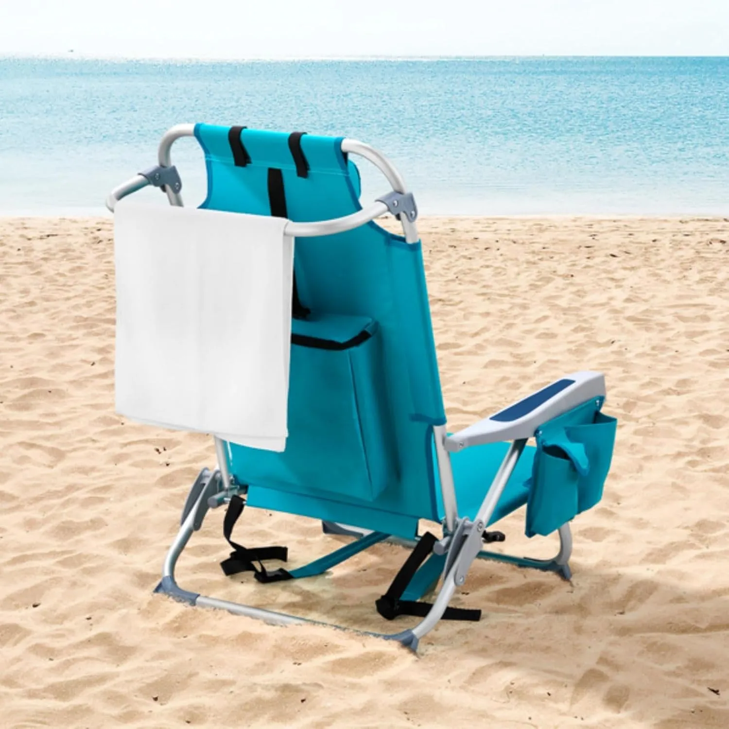 Backpack Beach Chair for Adults, 5-Position Portable Outdoor Reclining Camping Chair, Lightweight Folding Chairs with Headrest, Cup Holders, Cooler Bag, Towel Bar, Shoulder Strap (Mint Green)