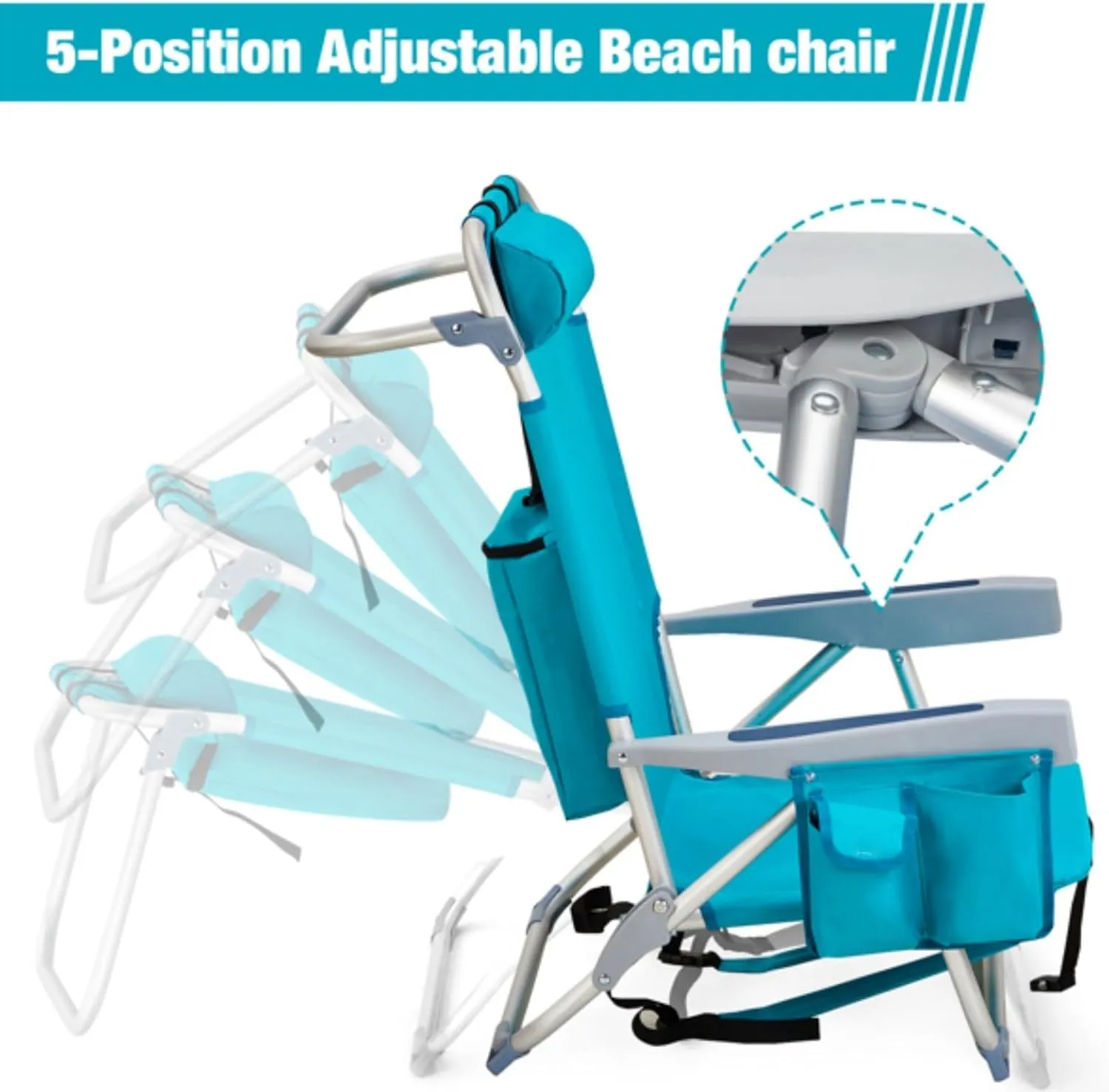 Backpack Beach Chair for Adults, 5-Position Portable Outdoor Reclining Camping Chair, Lightweight Folding Chairs with Headrest, Cup Holders, Cooler Bag, Towel Bar, Shoulder Strap (Mint Green)