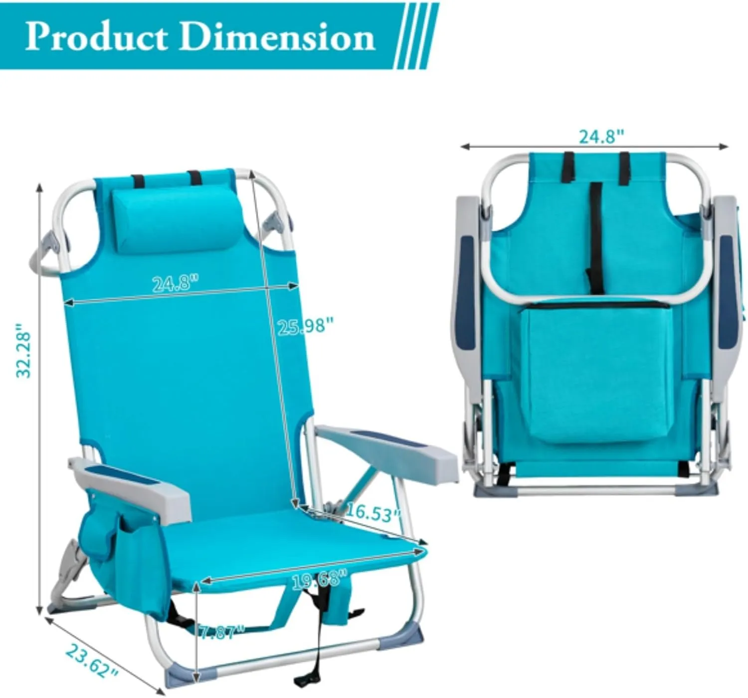 Backpack Beach Chair for Adults, 5-Position Portable Outdoor Reclining Camping Chair, Lightweight Folding Chairs with Headrest, Cup Holders, Cooler Bag, Towel Bar, Shoulder Strap (Mint Green)