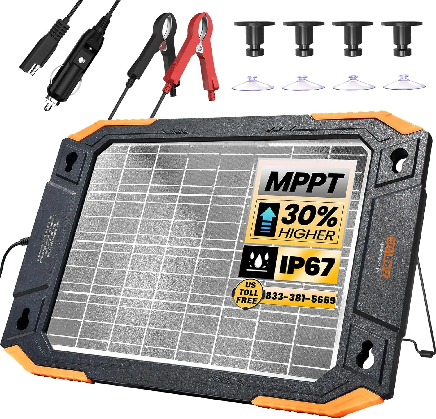 BALDR 12V Solar Battery Charger, 13W Waterproof Dual Sided Battery Maintainer, IP67 MPPT Trickle Charger for Car, Trailer, Lawn Mower, Boat