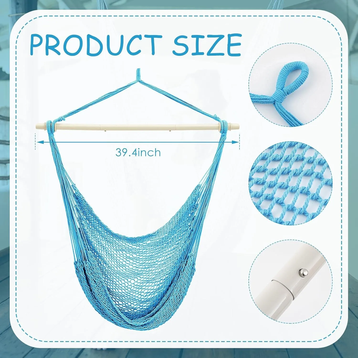 Barydat 2 Pcs Hanging Hammock Chair Boho Swing Chair Indoor Outdoor Cotton Rope Weaving Chair with 40 Inch Detachable Metal Bars for Backyard Living Room Bedroom Garden (Blue)