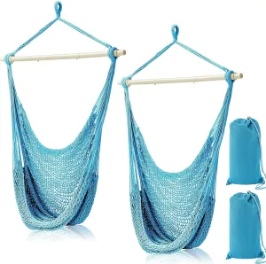 Barydat 2 Pcs Hanging Hammock Chair Boho Swing Chair Indoor Outdoor Cotton Rope Weaving Chair with 40 Inch Detachable Metal Bars for Backyard Living Room Bedroom Garden (Blue)