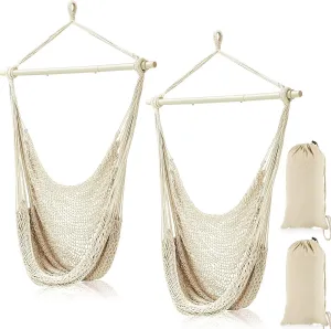 Barydat 2 Pcs Hanging Hammock Chair Boho Swing Chair Indoor Outdoor Cotton Rope Weaving Chair with 40 Inch Detachable Metal Bars for Backyard Living Room Bedroom Garden(Beige)
