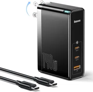 Baseus 140W USB C Wall Charger PD 3.1 with 3.3ft USB C to C Cable, 3-Port GaN5 Charger for Laptops, iPad Pro, iPhone 15/Pro/14/13 Series, Galaxy S23/S22, MacBook Pro 16'', Steam Deck, Black