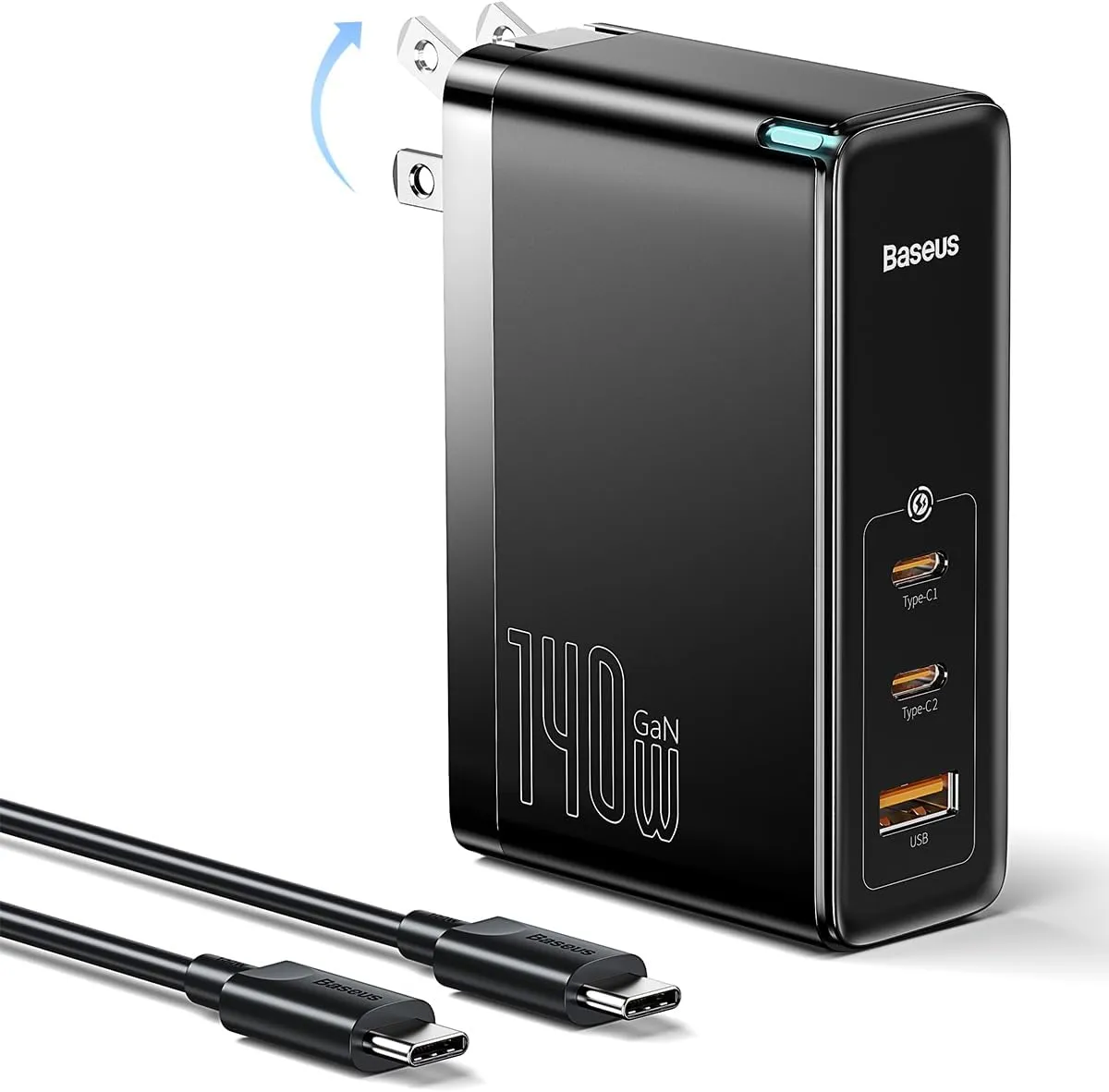 Baseus 140W USB C Wall Charger PD 3.1 with 3.3ft USB C to C Cable, 3-Port GaN5 Charger for Laptops, iPad Pro, iPhone 15/Pro/14/13 Series, Galaxy S23/S22, MacBook Pro 16'', Steam Deck, Black