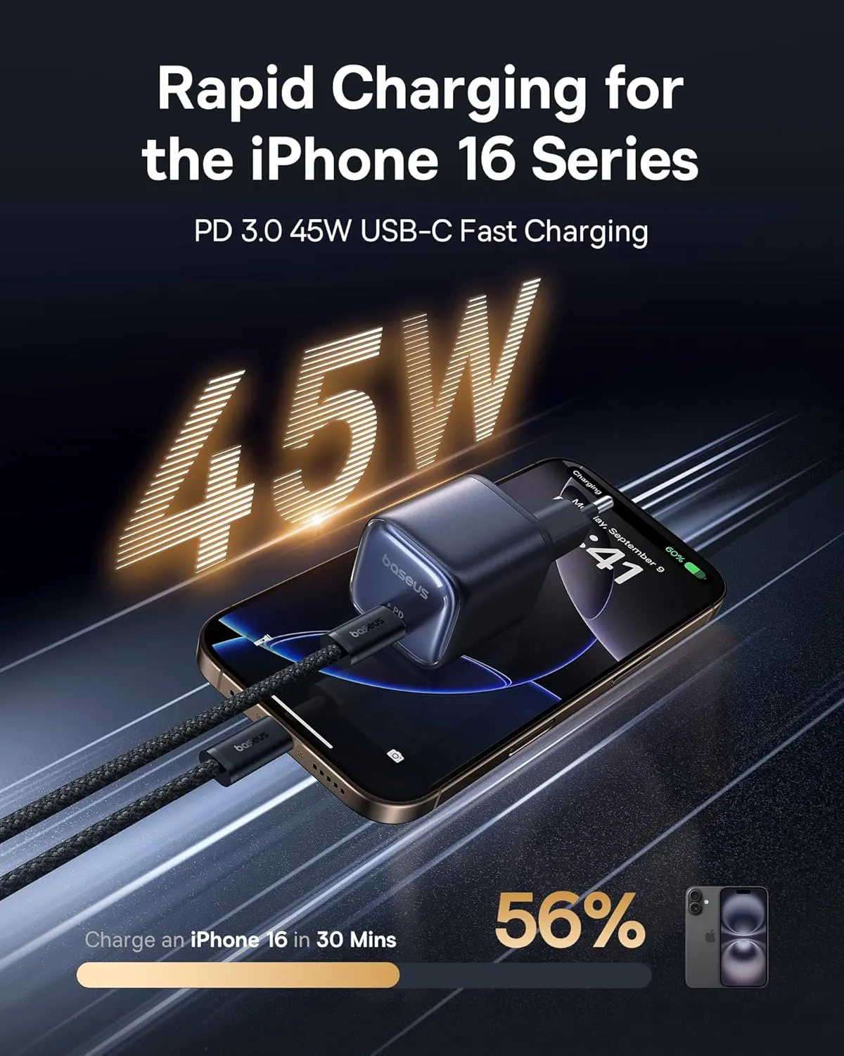 Baseus 45W Charger, PicoGo C1 USB C Charging Block Fast Charging, Compact Type C Wall Charger for iPhone16/15/14/13/12 Series, Galaxy Series, MacBook Etc