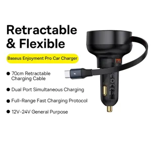 Baseus Enjoyment Pro Car Charger with U Type-C Retractable Cable 60W - Starry Black