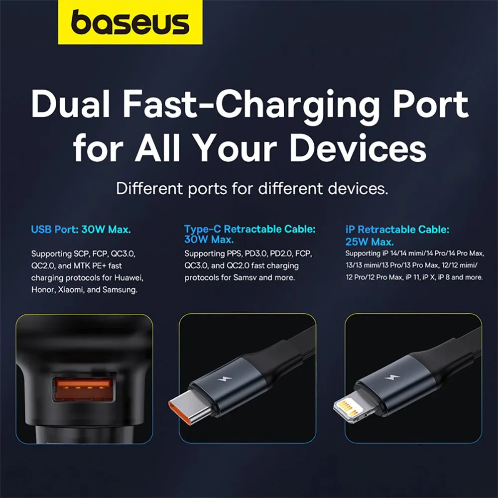Baseus Enjoyment Pro Car Charger with U Type-C Retractable Cable 60W - Starry Black