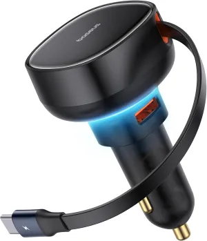 Baseus USB C Car Charger, 60W Retractable Car Charger, Dual Fast Charging, Compatible with iPhone 15/14/13/12 Pro Max, Plus, Samsung Galaxy S23/S22/S21 Ultra, Google Pixel and More